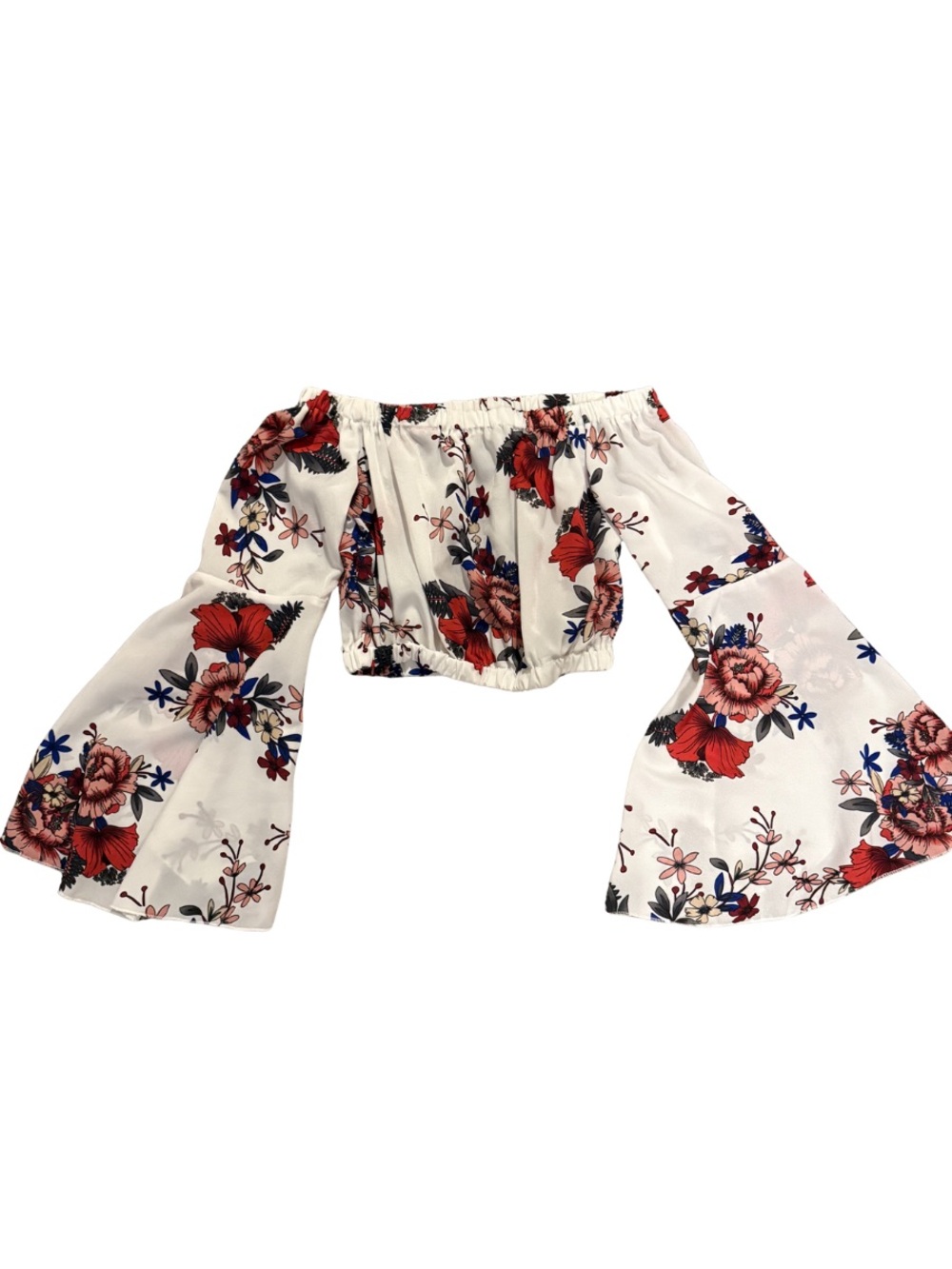 Floral Off-Shoulder Bell Sleeve Crop Top - White with Red & Blue Flowers